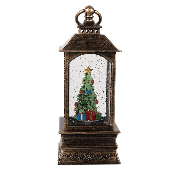 Clayre & Eef | Kerstdecoratie Lantaarn met Kerstboom Bruin 8x8x20 cm / 3xAAA | 66408
