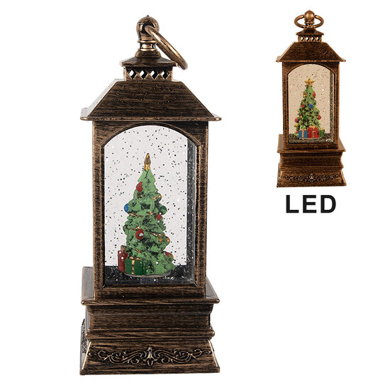 Clayre & Eef | Kerstdecoratie Lantaarn met Kerstboom Bruin 8x8x20 cm / 3xAAA | 66408