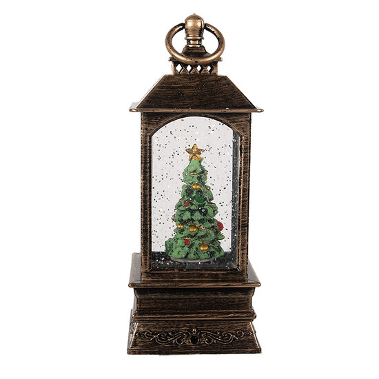 Clayre & Eef | Kerstdecoratie Lantaarn met Kerstboom Bruin 8x8x20 cm / 3xAAA | 66408