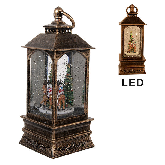 Clayre & Eef | Kerstdecoratie Lantaarn met Kerstboom Bruin 8x8x20 cm / 3xAAA | 66409