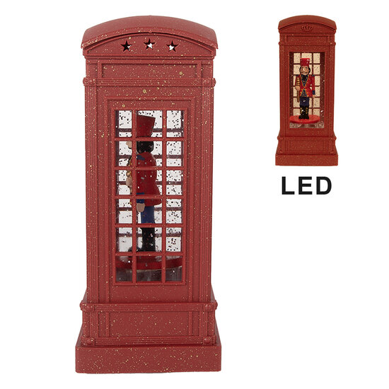 Clayre & Eef | Kerstdecoratie telefooncel met Notenkraker Rood 9x9x21 cm / 3xAAA | 66412