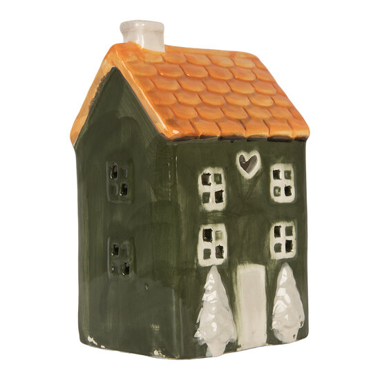 Clayre & Eef | Theelichthouder Kerst Huisje Groen Oranje 9x8x15 cm | 6CE2276