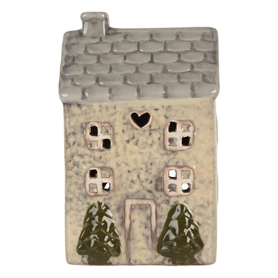 Clayre & Eef | Theelichthouder Kerst Huisje Beige Grijs 9x8x15 cm | 6CE2277