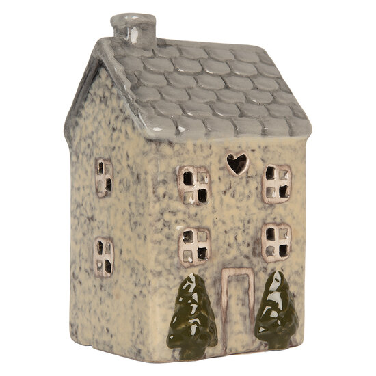 Clayre & Eef | Theelichthouder Kerst Huisje Beige Grijs 9x8x15 cm | 6CE2277