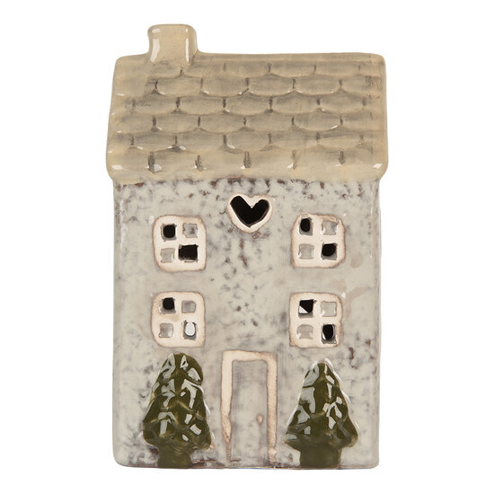 Clayre & Eef | Theelichthouder Kerst Huisje Grijs Beige 9x8x15 cm | 6CE2278