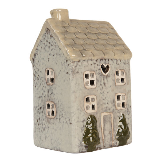 Clayre & Eef | Theelichthouder Kerst Huisje Grijs Beige 9x8x15 cm | 6CE2278