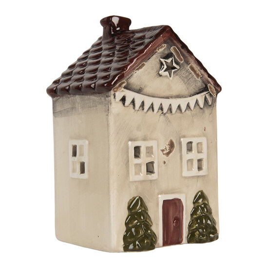 Clayre & Eef | Theelichthouder Kerst Huisje Beige Rood 10x8x15 cm | 6CE2279