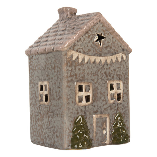 Clayre & Eef | Theelichthouder Kerst Huisje Blauw Roze 10x8x15 cm | 6CE2280