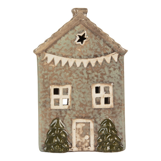Clayre & Eef | Theelichthouder Kerst Huisje Groen Beige 10x8x15 cm | 6CE2281