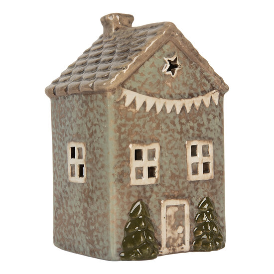 Clayre & Eef | Theelichthouder Kerst Huisje Groen Beige 10x8x15 cm | 6CE2281