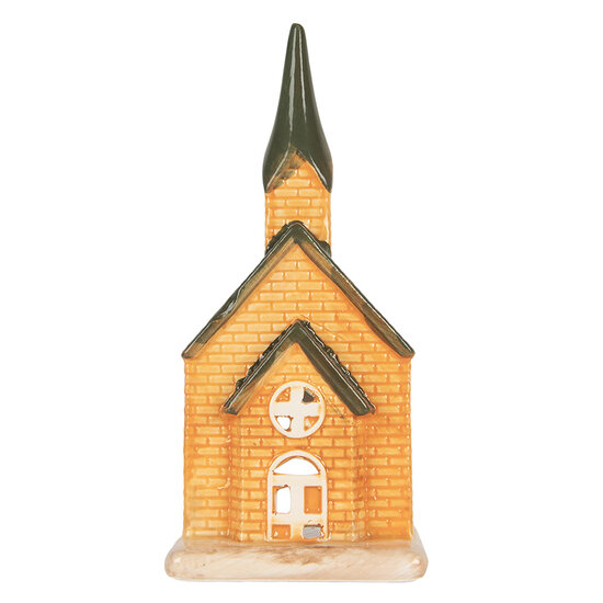 Clayre & Eef | Theelichthouder Kerst Huisje Oranje Groen 9x8x21 cm | 6CE2287