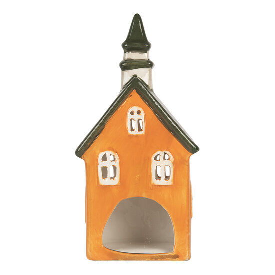 Clayre & Eef | Theelichthouder Kerst Huisje Oranje Groen 10x7x21 cm | 6CE2288