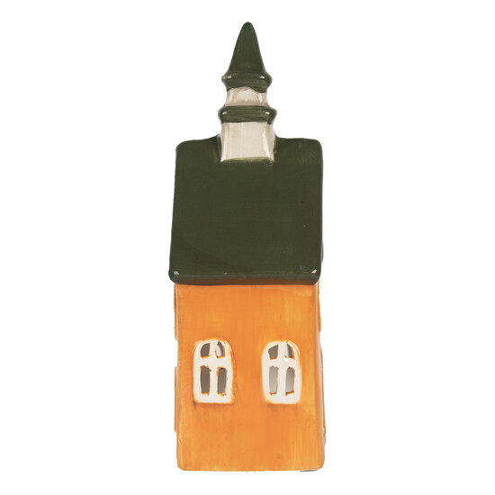 Clayre & Eef | Theelichthouder Kerst Huisje Oranje Groen 10x7x21 cm | 6CE2288