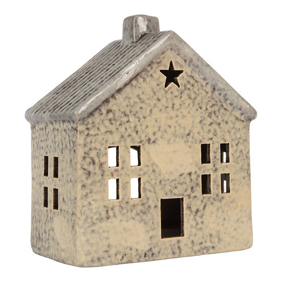 Clayre & Eef | Theelichthouder Kerst Huisje Beige Grijs 13x8x15 cm | 6CE2289