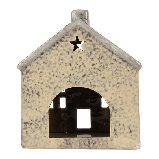 Clayre & Eef | Theelichthouder Kerst Huisje Beige Grijs 13x8x15 cm | 6CE2289