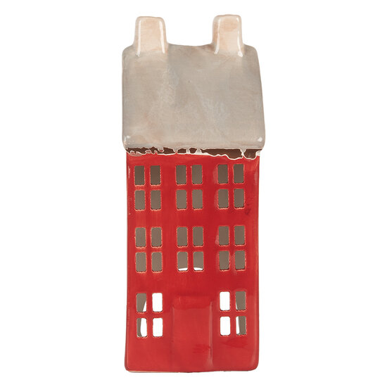 Clayre & Eef | Theelichthouder Kerst Huisje Rood Grijs 7x7x18 cm | 6CE2294