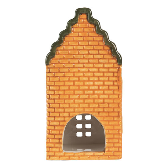 Clayre & Eef | Theelichthouder Kerst Huisje Oranje Groen 9x10x19 cm | 6CE2302