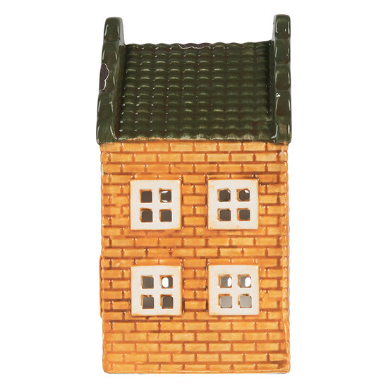 Clayre & Eef | Theelichthouder Kerst Huisje Oranje Groen 9x10x19 cm | 6CE2302