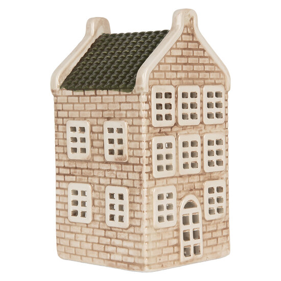 Clayre & Eef | Theelichthouder Kerst Huisje Beige Groen 9x10x19 cm | 6CE2305