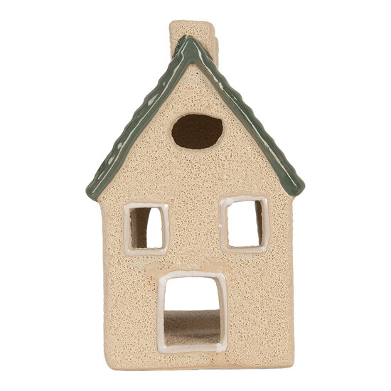 Clayre & Eef | Theelichthouder Kerst Huisje Beige Groen 8x11x14 cm | 6CE2310