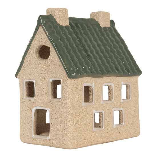 Clayre & Eef | Theelichthouder Kerst Huisje Beige Groen 8x11x14 cm | 6CE2310