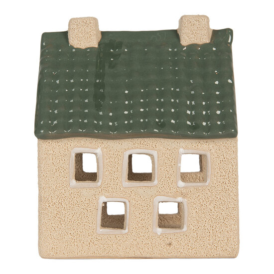 Clayre & Eef | Theelichthouder Kerst Huisje Beige Groen 8x11x14 cm | 6CE2310