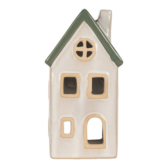 Clayre & Eef | Theelichthouder Kerst Huisje Beige Groen 9x8x18 cm | 6CE2311