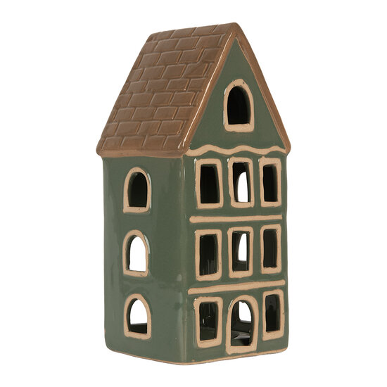 Clayre & Eef | Theelichthouder Kerst Huisje Groen Bruin 9x8x19 cm | 6CE2312