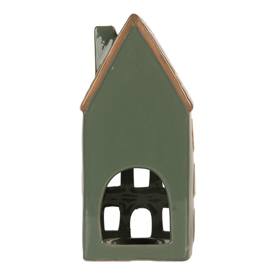 Clayre & Eef | Theelichthouder Kerst Huisje Groen Bruin 9x8x19 cm | 6CE2312