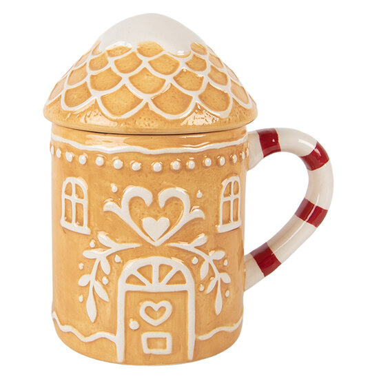 Clayre & Eef | Mok met deksel Bruin Wit 13x10x15 cm / 350 ml | 6CEMU0213
