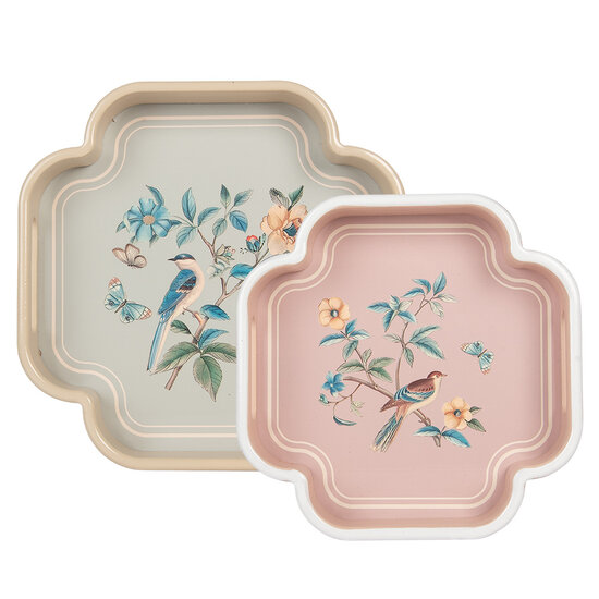 Clayre &amp; Eef   | Decoratief Dienblad set van 2 Beige Roze 30x30x5 / 24x24x5 cm | 6H2461