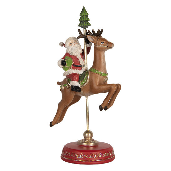 Clayre & Eef | Kerstdecoratie Kerstman op Rendier Rood Bruin 16x11x30 cm | 6PR5763