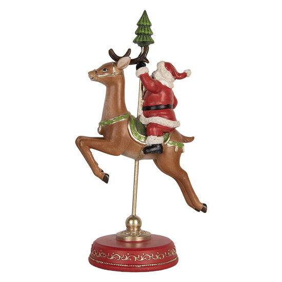 Clayre & Eef | Kerstdecoratie Kerstman op Rendier Rood Bruin 16x11x30 cm | 6PR5763