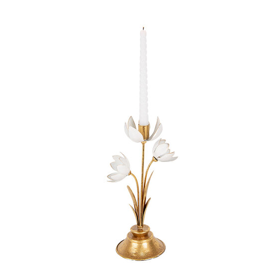 Clayre & Eef | Kandelaar Goudkleurig Wit 16x11x30 cm | 6Y5805