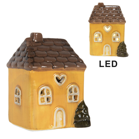 Clayre & Eef | Decoratie Huisje met LED Geel Bruin 7x6x10 cm | 6CE2268