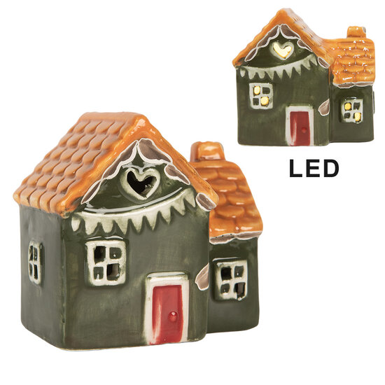 Clayre & Eef | Decoratie Huisje met LED Groen Oranje 8x6x8 cm | 6CE2270