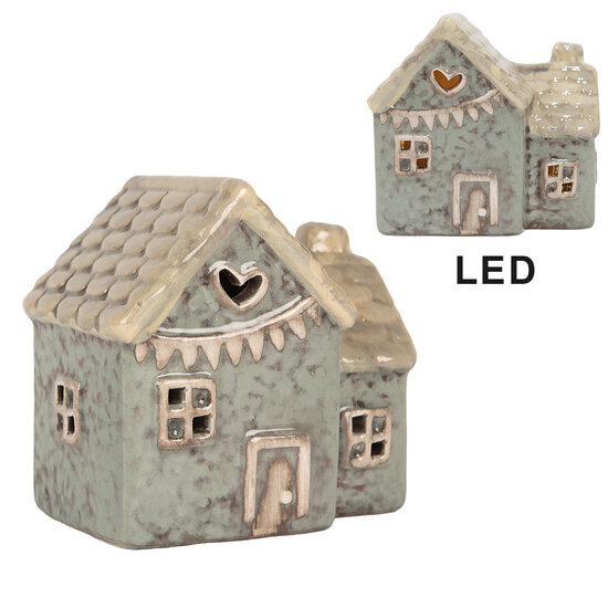 Clayre & Eef | Decoratie Huisje met LED Groen Beige 8x6x8 cm | 6CE2272