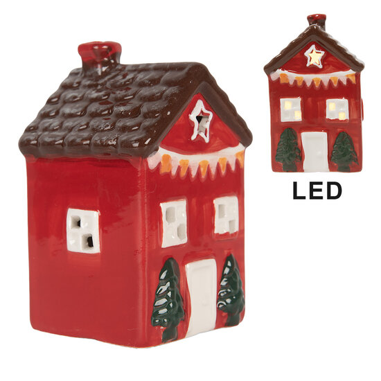 Clayre & Eef | Decoratie Huisje met LED Rood Bruin 6x6x10 cm | 6CE2273