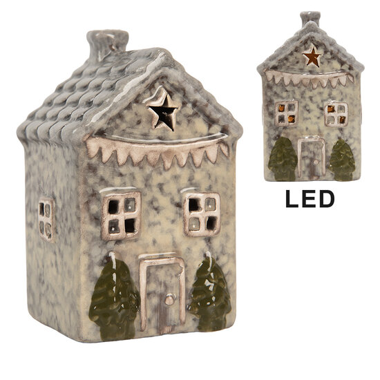 Clayre & Eef | Decoratie Huisje met LED Grijs Groen 6x6x11 cm | 6CE2274