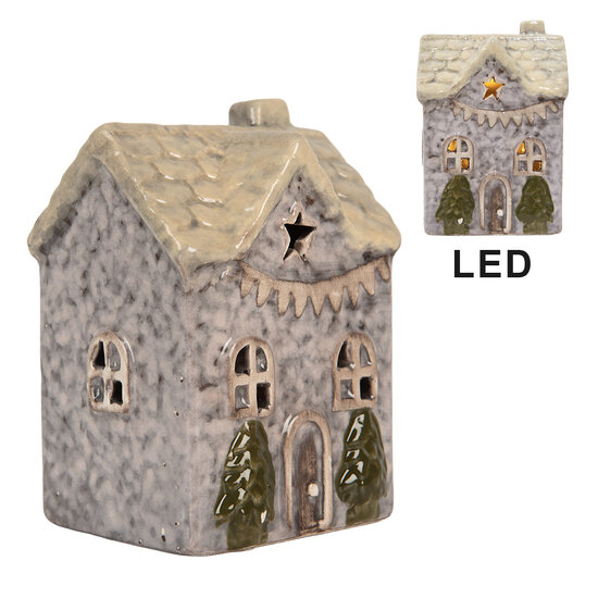 Clayre & Eef | Decoratie Huisje met LED Grijs Beige 6x6x10 cm | 6CE2275