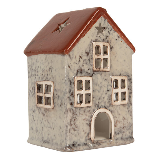Clayre & Eef | Theelichthouder Kerst Huisje Grijs Rood 8x7x13 cm | 6CE2284