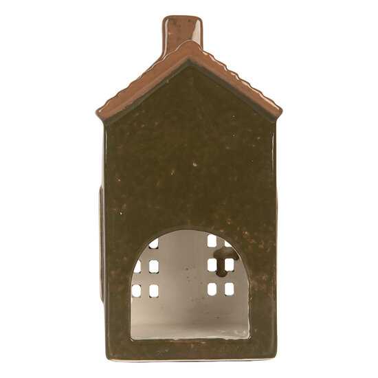Clayre & Eef | Theelichthouder Kerst Huisje Groen Bruin 8x6x16 cm | 6CE2285