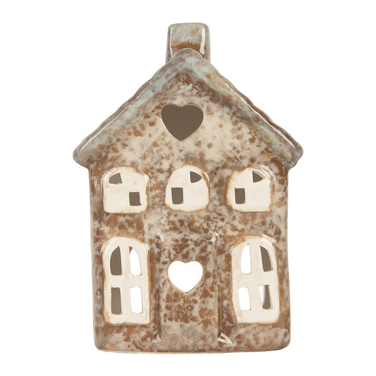 Clayre &amp; Eef   | Theelichthouder Kerst Huisje Beige Groen 9x6x13 cm | 6CE2291