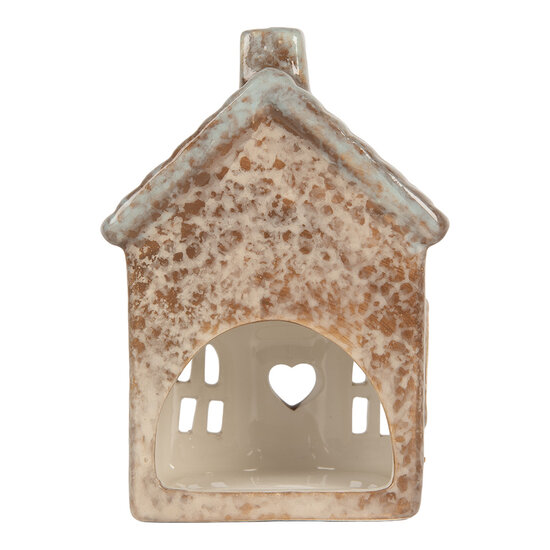 Clayre &amp; Eef   | Theelichthouder Kerst Huisje Beige Groen 9x6x13 cm | 6CE2291