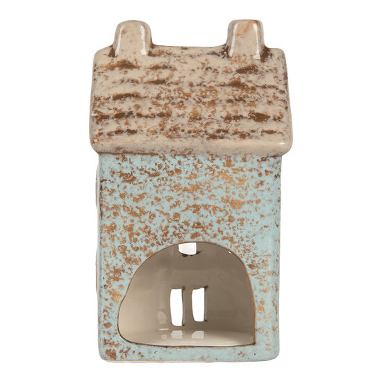 Clayre & Eef | Theelichthouder Kerst Huisje Blauw Beige 8x7x15 cm | 6CE2293