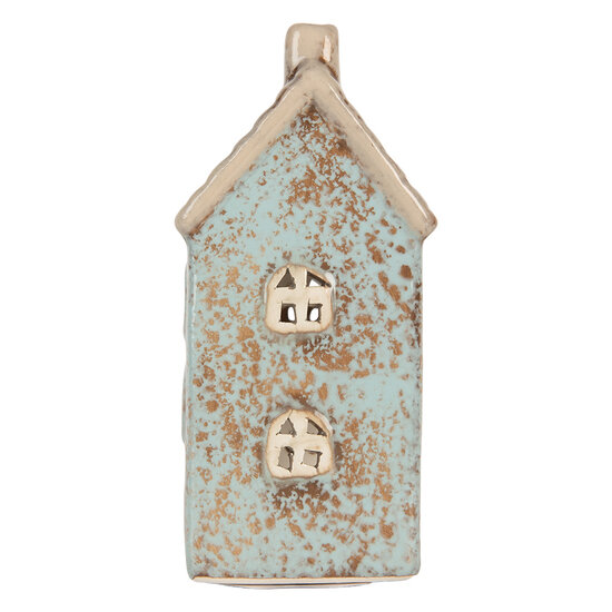 Clayre & Eef | Theelichthouder Kerst Huisje Blauw Beige 8x7x15 cm | 6CE2293