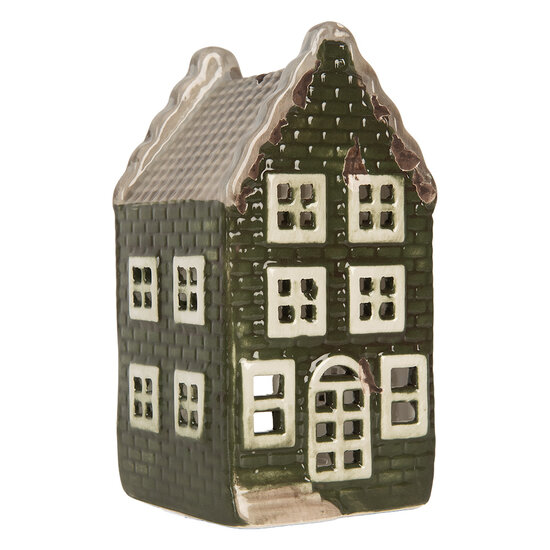 Clayre & Eef | Theelichthouder Kerst Huisje Groen Grijs 7x7x14 cm | 6CE2301