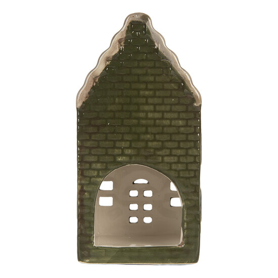 Clayre & Eef | Theelichthouder Kerst Huisje Groen Grijs 7x7x14 cm | 6CE2301