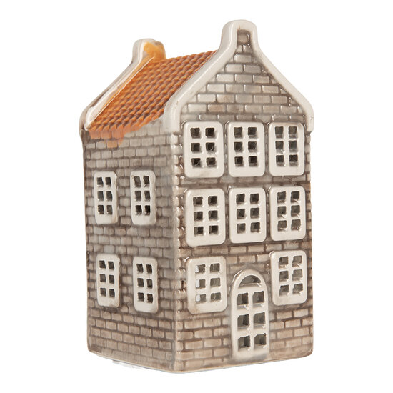 Clayre & Eef | Theelichthouder Kerst Huisje Grijs Oranje 7x7x14 cm | 6CE2304