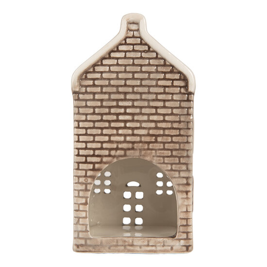 Clayre & Eef | Theelichthouder Kerst Huisje Grijs Oranje 7x7x14 cm | 6CE2304